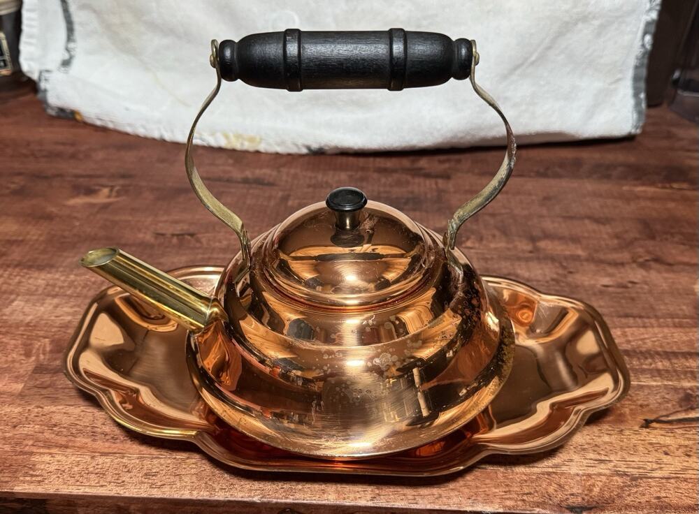 Vintage Copper Tea Pot/Kettle Coppercraft Guild + Scalloped Copper Tray